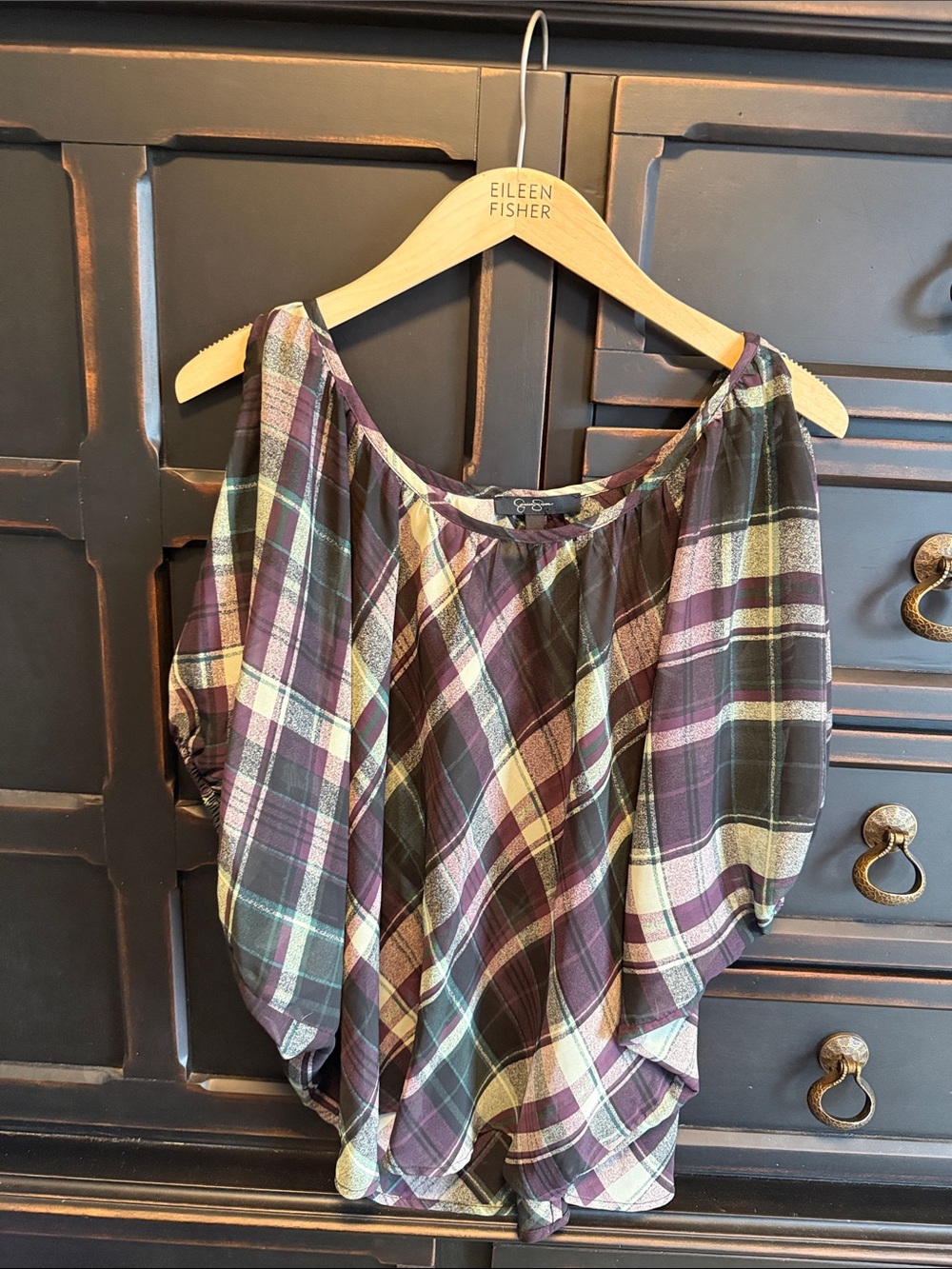 Jessica Simpson Plaid Off-Shoulder Blouse in Purple, Green, Cream